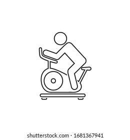 Hombre entrenando en el icono de la línea de bicicleta estática. Icono del vector aislado en fondo blanco