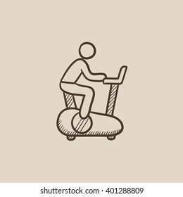 Entrenamiento de un hombre en un icono de sketch de bicicletas de ejercicios.