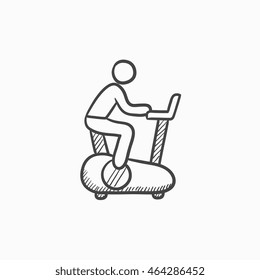 Man training on exercise bike vector sketch icon isolated on background. Hand drawn Man training on exercise bike icon. Man training on exercise bike sketch icon for infographic, website or app.