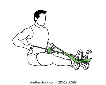 Man training, seated rowing with an elastic. Fitness excercise, posture, gym, muscles. Black line sketch style vector illustration.