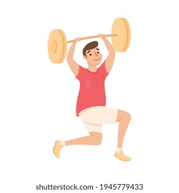 Man in Training Shorts at Gym Lifting Barbell Doing Physical Exercise and Workout Vector Illustration