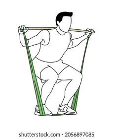 Man training squats, legs with an elastic. Fitness exercise, posture, gym, muscles. Black line sketch style vector illustration.