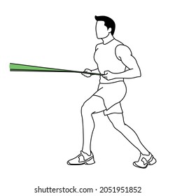 Man training, stand up rowing. Fitness exercise, posture, gym, muscles. Black line sketch style vector illustration.