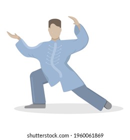 Man is training Tai Chi in a blue suit. Vector illustration of a sporty man. Qigong. Oriental martial arts. Isolated on white background.