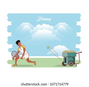 man training tennis with throws balls machine