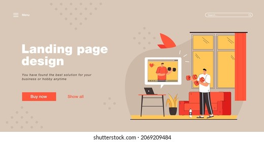 Man training with trainer online at home. Male person watching video on laptop and doing exercises during lockdown flat vector illustration. Coronavirus, streaming workout, sport, self-care concept