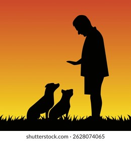 Man Training Two Dogs at Sunset