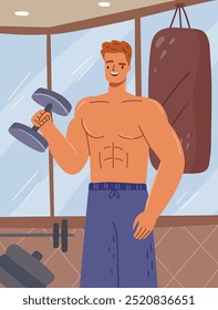 Hombre entrenando o haciendo ejercicio en el gimnasio, carácter masculino levantando pesas. Deportista o culturista que crece los músculos y gana fuerza de los ejercicios. Ilustración vectorial en estilo plano de dibujos animados