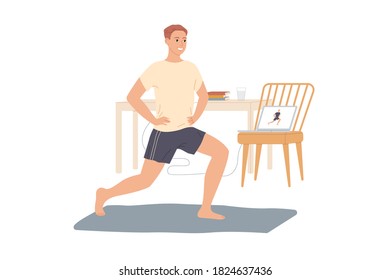 Man trains at home, does exercises from video tutorials