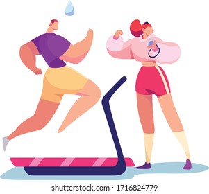 El hombre entrena y corre bajo supervisión mujer entrenadora, concepto e ilustración vectorial sobre fondo blanco. Salud en el gimnasio bajo la dirección de un instructor. Entrenador personal de fitness. Estilo de caricatura.