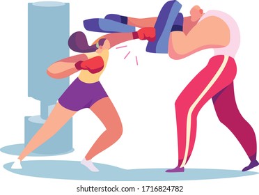 Man trains woman in martial art, concept and vector illustration on white background. Boxing in gym. Health in fitness room under guidance of coach. Personal fitness trainer. Cartoon style.