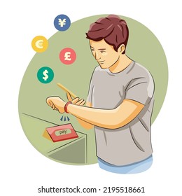 Man Transaction Using Smartwatch Multi Currency Pay By Online