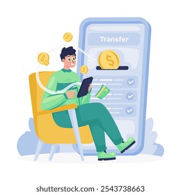 Um homem está transferindo dinheiro de um aplicativo de banco digital, transação de dinheiro digital, ilustração Vetor