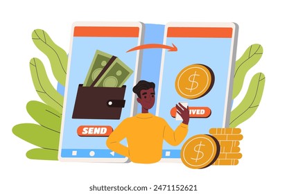 The man is transferring the money. Digital and electronic wallet. Cashless payment and transaction. Banking application. Online shopping. Flat vector illustration isolated on white background