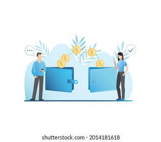 Man transfers electronic money, gold coins to girl's big wallet, replenishes account, budget. Banking services on Internet. Successful transaction. Woman received funds, finances in smartphone.