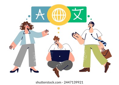 Man translator helps people from different countries communicate, sitting with laptop between managers. Translator in international corporation with employees speaking various languages