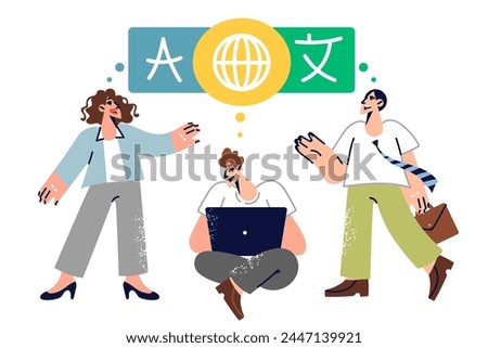 Man translator helps people from different countries communicate, sitting with laptop between managers. Translator in international corporation with employees speaking various languages