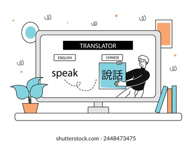 Man with translator linear. Online application for translation text to different languages. International communication and interaction. Doodle flat vector illustration isolated on white background