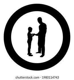 Man transmits thing to boy Father Male give book gadget smartphone son children take something Dad relationship Family concept Child friendship toddler daddy silhouette in circle round black color 