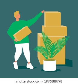 The man is transporting boxes of things. Flat vector stock illustration. Packaging, unboxing before moving. The house is sold. Apartment moving with boxes, houseplant. Isolated illustration
