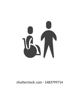Man transporting disabled patient vector icon. filled flat sign for mobile concept and web design. Person sitting in the wheelchair glyph icon. Symbol, logo illustration. Vector graphics