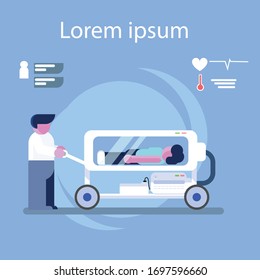 Man Is Transporting A Patient In A Transport Stretcher Trolley With A Biological Isolation Chamber,moving Coronavirus Patient Flat Vector Design,illustration Vector