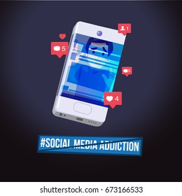 Man trap in smartphone. social network addict concept. logotype - vector illustration