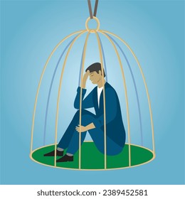 Hombre atrapado en la jaula. Composición cuadrada. Ilustración vectorial.