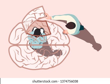 man trapped in a brain-shaped cage and a doctor setting him free