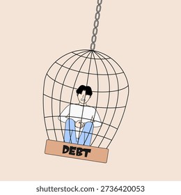 Man is trapped in a cage with the word debt written on it. The cage is hanging from a chain