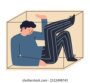 Man trapped in closed cube. Mental health or disorder concept. Male character with phobia and fears stuck in a comfort zone. Hand drawn vector flat cartoon style illustration