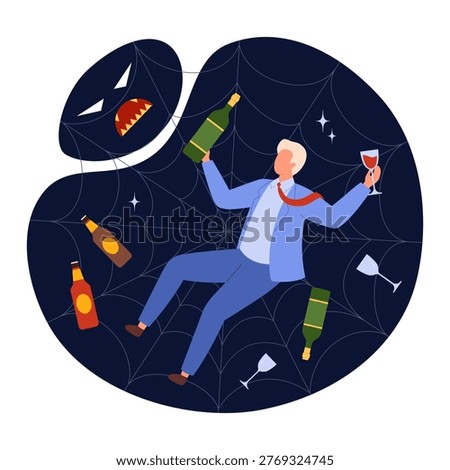 Man trapped in dark spiderweb monster, surrounded by bottles and wine glasses, representing alcohol addiction, dependence and substance abuse, isolated on white background vector illustration