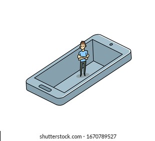 Man trapped in his smartphone like in a pit. Gadget addiction, social media dependency concept. Flat cartoon vector illustration, isolated on white background.