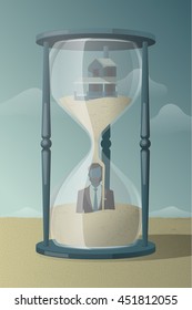 man trapped in hourglass, vector illustration
