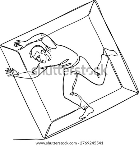 Man trapped inside box confinement limitation restriction mental pressure stress isolation concept minimal line art illustration design