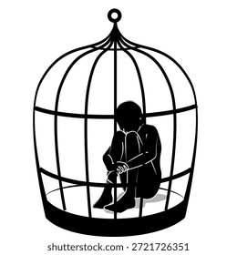 Man Trapped Inside Cage Silhouette Depression Concept Psychological Confinement Solitude Black And White, Symbolizing Isolation, without freedom, Pro Vector