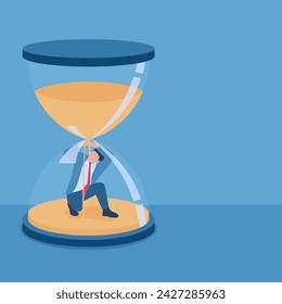 Man trapped inside an hourglass, a metaphor for time pressure. Simple flat conceptual illustration.