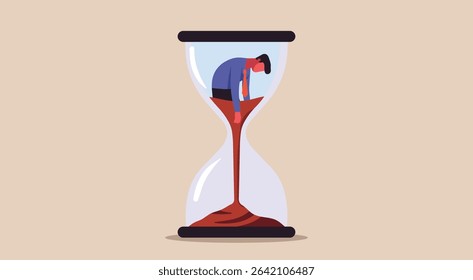 Man trapped inside an hourglass slowly draining with sand under burnout and emotional exhaustion in modern work life, concept of depletion, fatigue, and performance pressure, vector flat illustration