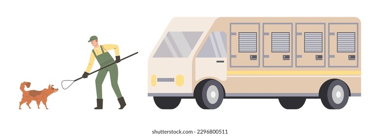 Man trapping angry and scared stray dog, flat vector illustration isolated on white background. Street dogs capture and transportation to animal shelter.