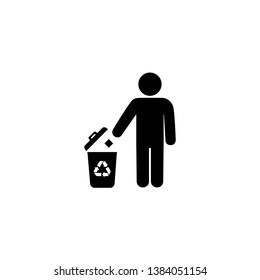 Man and trash bin with recycle icon isolated on white background. Vector