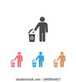 Man and trash bin with recycle icon set isolated on white background. Vector