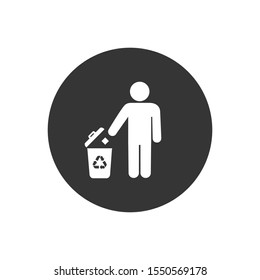 Man and trash bin with recycle icon isolated on white background. Vector
