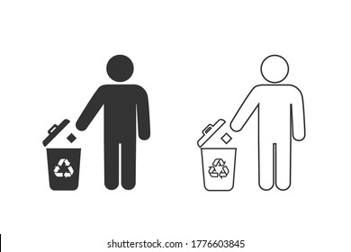 El hombre y la papelera con el icono de la línea de reciclaje aislado en fondo blanco. Vector