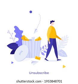 Man and trash can full of letters. Concept of unsubscribing from email newsletters, spam collection, removal of subscriber from mailing list. Modern flat colorful vector illustration for banner.