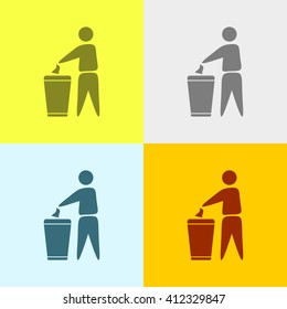 Man With Trash Can Icon on Four Different Backgrounds. Eps-10.