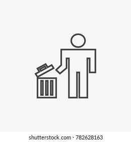 Man and trash can vector icon on grey background