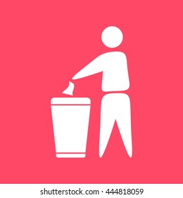 Man With Trash Can white icon on magenta color background. Eps-10.