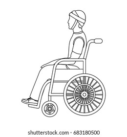 A man with a trauma in a wheelchair. Medicine single icon in outline style vector symbol stock illustration web.