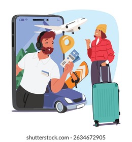 Man travel agency agent helps to choose mountain ski resort for woman tourist from mobile phone screen cartoon design. Male tour operator giving flight ticket to female customer vector illustration