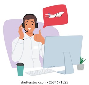 Man travel agent cartoon character in headphones sitting front of computer and consulting client. Male tour operator of hotline service booking flight tickets for vacation journey vector illustration